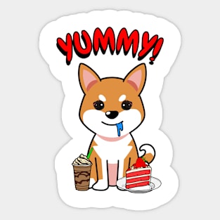 Cute orange dog is having coffee and cake Sticker